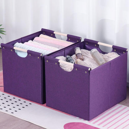 HOONEX Large Collapsible Storage Bins, Linen Fabric, Pack of 2, Storage Baskets with Wooden Carry Handles and Sturdy Heavy Cardboard, for Home, Office, Car, Nursery, Black