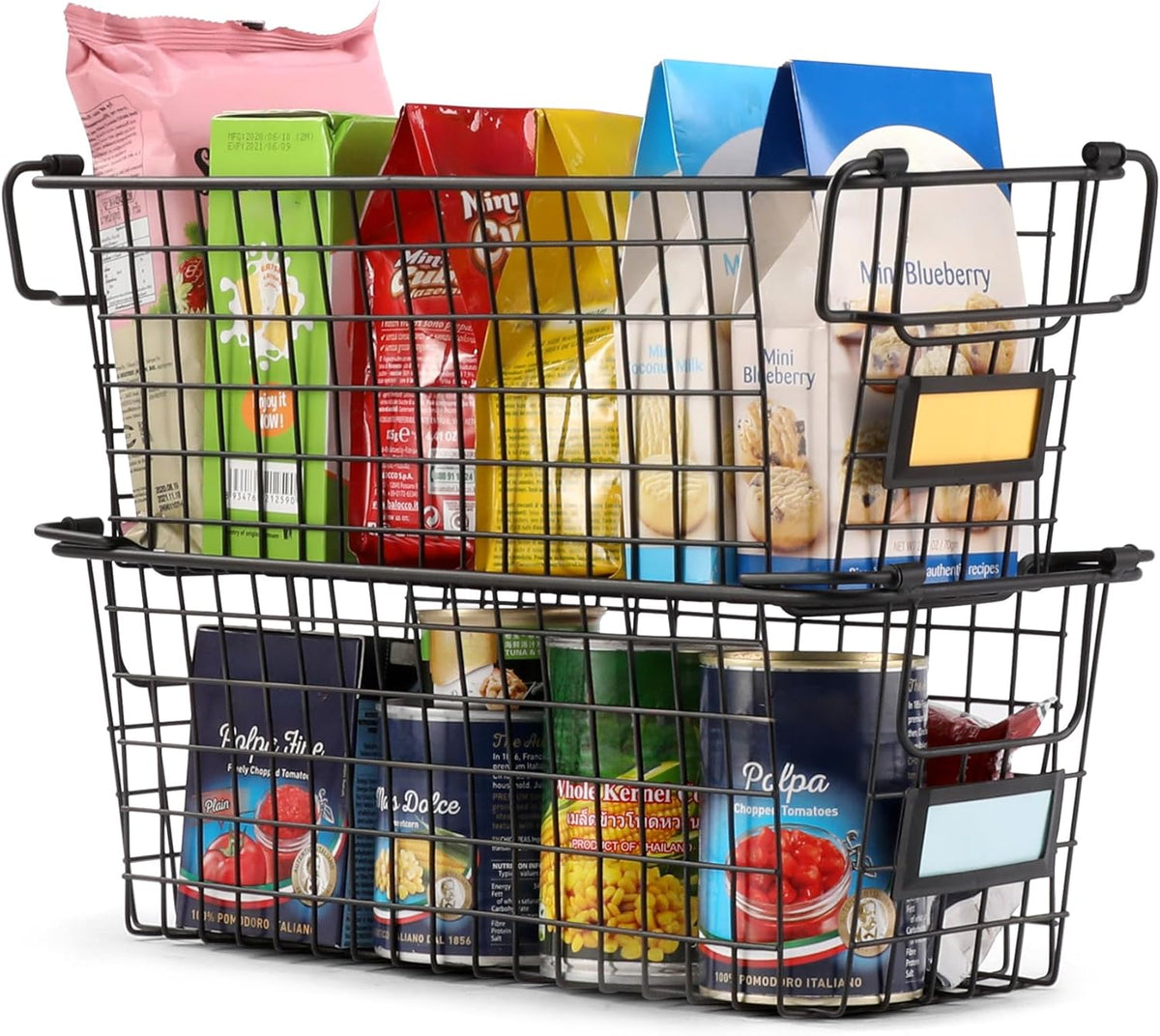 4 Pack [ XL Large ] STACKABLE Wire Baskets for Organizing - Pantry Storage and Organization Metal Bins for Produce, Food, Fruit - Kitchen Bathroom Closet Cabinet, Countertop, Under Sink Organizer