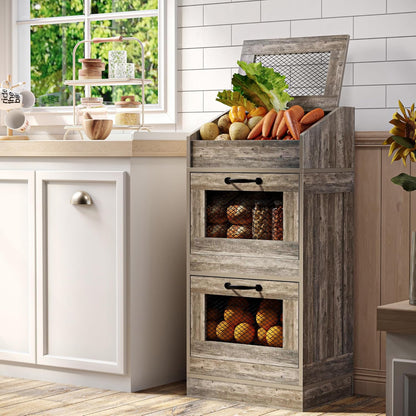 Potato Storage Bin with Lid, Rustic Wooden Onion Storage Bin, Bread Box for Kitchen, Kitchen Decorative Vegetable Storage Cabinet, Rustic Grey HPC001SG