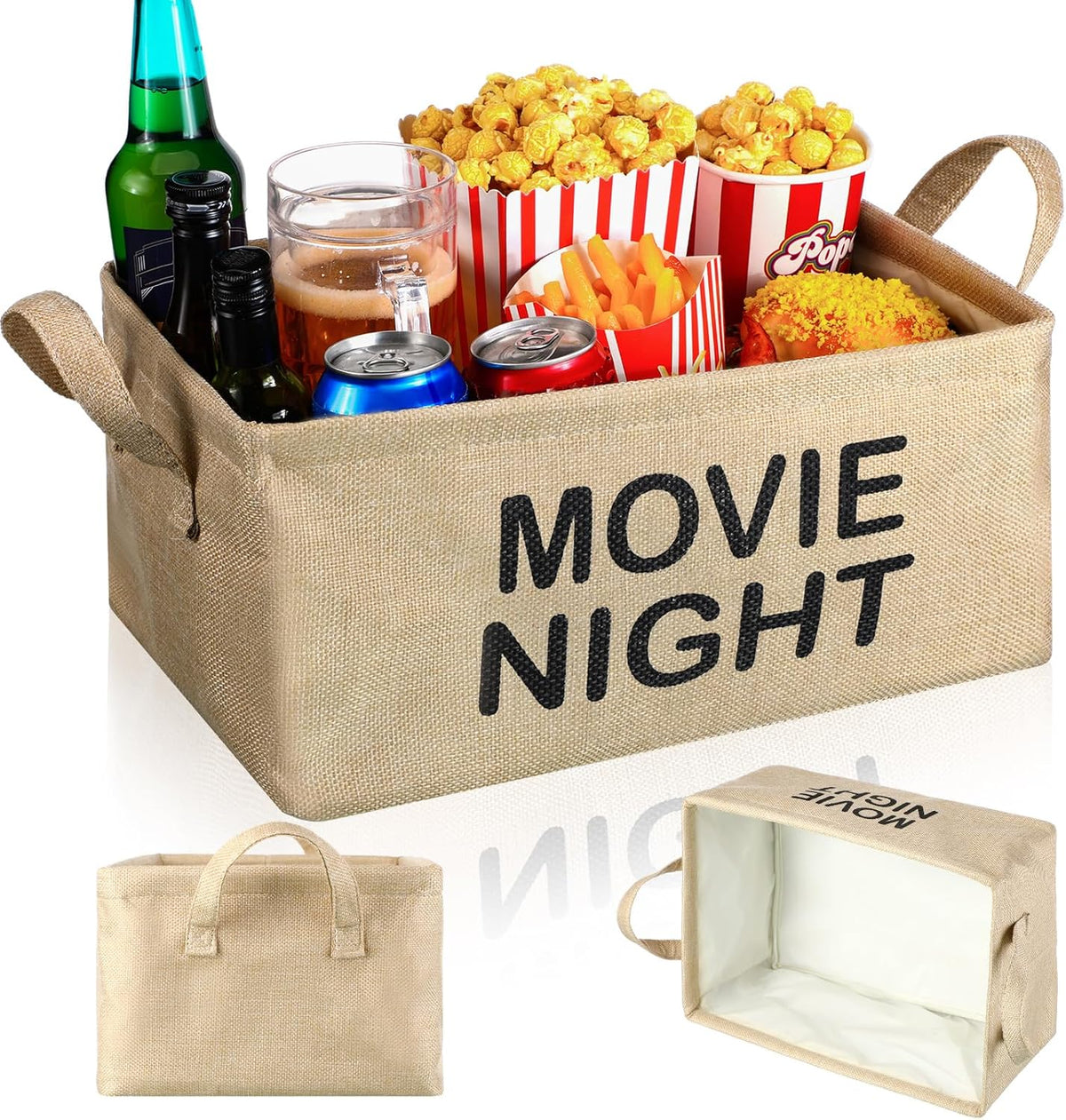 Snack Bar Organizer Basket, Burlap Fabric Snack Storage Holder with Waterproof Lining & Handles, Collapsible Bar Station Organizer Bin for Kitchen Pantry Cabinet Home Movie Night Party