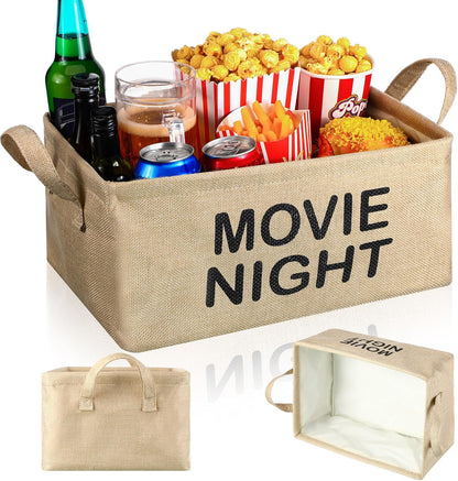 Snack Bar Organizer Basket, Burlap Fabric Snack Storage Holder with Waterproof Lining & Handles, Collapsible Bar Station Organizer Bin for Kitchen Pantry Cabinet Home Movie Night Party