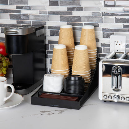 Mind Reader Cup and Condiment Station, Countertop Organizer, Coffee Bar, Kitchen, Stirrers, 7.25"L x 15.5"W x 5.25"H, Black