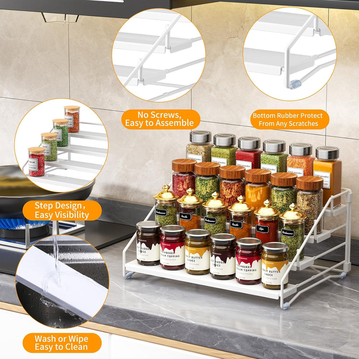 RCHYFEED Spice Rack Organizer for Cabinet Pantry,4 Tier Spice Rack Countertop, Depth Adjustable Spice Organization for Cabinet,Tierd Seasoning Organizer for Cabinet(Black) | for Cabinet Pantry