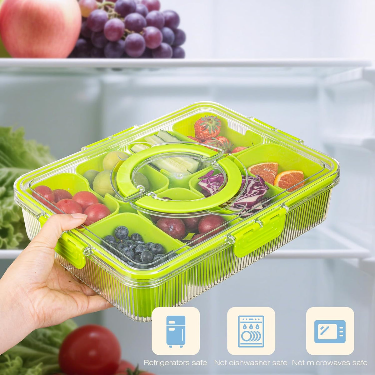 Patent Design Ribbed Snackle Box Container Snack Container Divided Serving Tray with Lid and Handle, 8 Divider Portable Snacklebox for Travel Beach for Charcuterie Veggie Fruit Candy,1 Pack