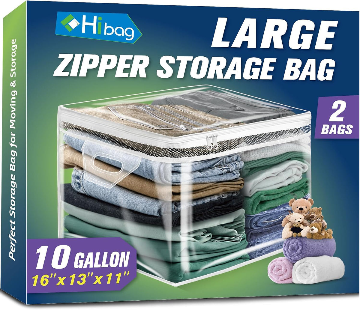 HIBAG 20 Gallon Large Storage Bag for Clothes, Zipper Clothing Storage Bag, Clear Organizer with Reinforced Handles, for Comforters Blankets Pillows Bedding
