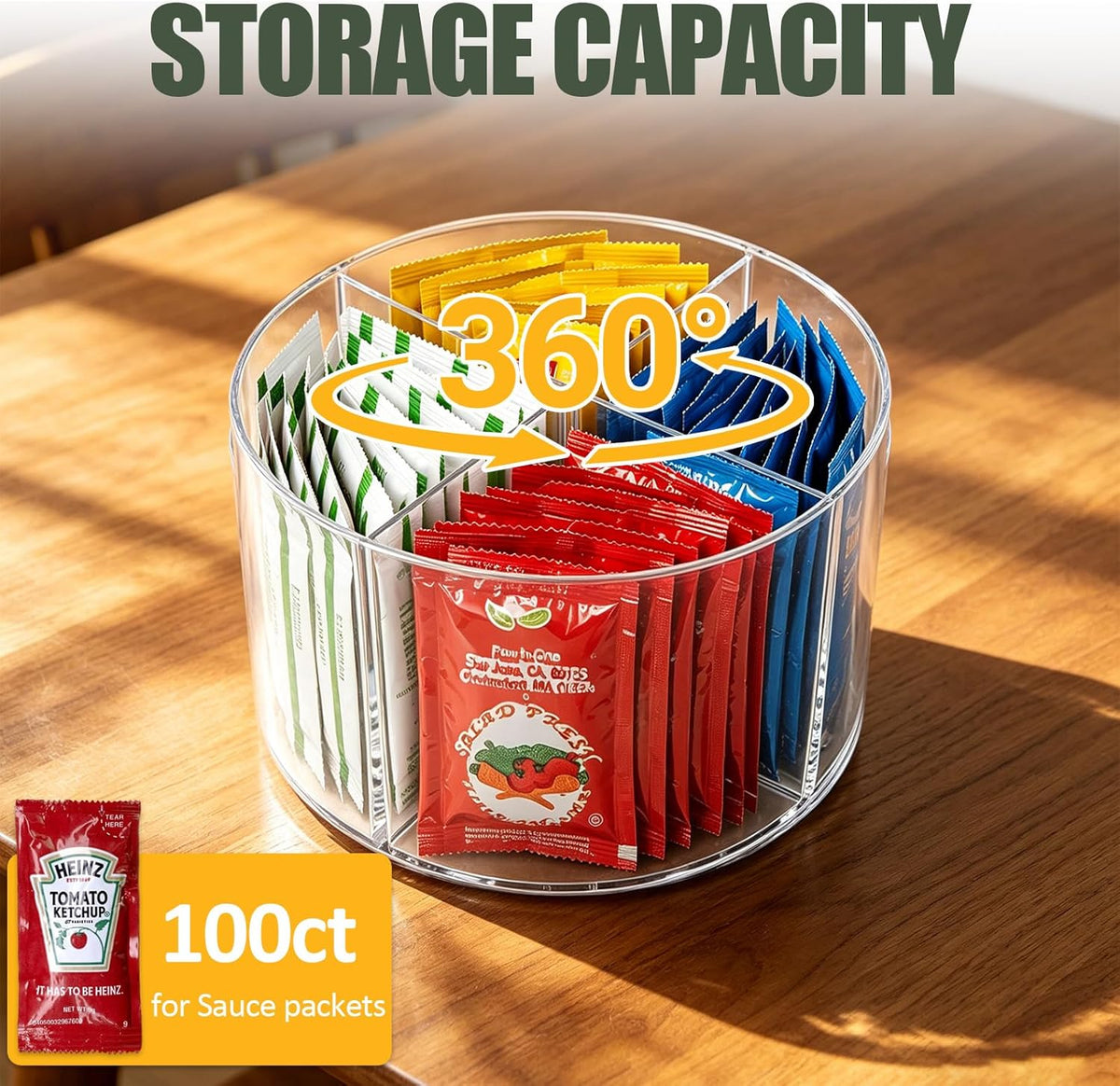Sauce Packet Organizer with 360° Turntable, for Ketchup Packets,mayo packets,Hot Sauce,Seasoning,Drink Packet, Clear Sauce Packet Holder with Dividers