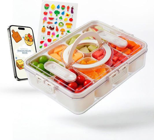 Travel Snack Container for Kids – Snackle Box with 8 Removable Compartments, Utensils and Recipe QR – Snack Box for Road Trips, Beach, Picnic and School Lunch