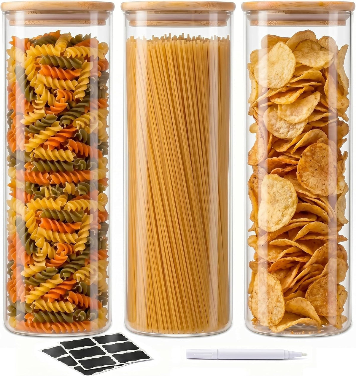 SENTVEND 37 Oz Glass Storage Jars with Bamboo Lids - 6 Pack Clear Glass Canisters Square Airtight Stackable Ideal for Pantry Storage Containers Organizers Great for Storing Oats Coffee Beans Nuts etc
