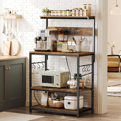 SUPERJARE Kitchen Bakers Rack with Power Outlet, Coffee Bar Table 4 Tiers, Kitchen Microwave Stand with 6 S-shaped Hooks, Storage Shelf Rack for Spices, Pots and Pans - Rustic Brown