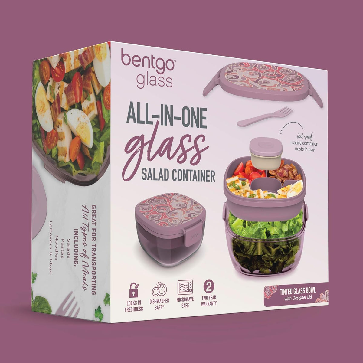 Bentgo Glass Prints Salad Container - 7.6-Cup Tinted Glass Salad Bowl with Airtight Lid, Leak-Proof Sauce Container, 4-Compartment Bento Meal Prep Tray & Reusable Fork (Floral Maximalist - Sea)