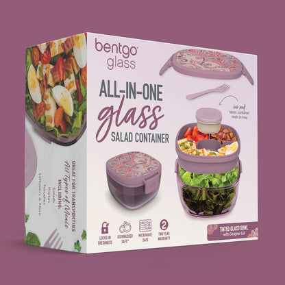 Bentgo Glass Prints Salad Container - 7.6-Cup Tinted Glass Salad Bowl with Airtight Lid, Leak-Proof Sauce Container, 4-Compartment Bento Meal Prep Tray & Reusable Fork (Floral Maximalist - Sea)