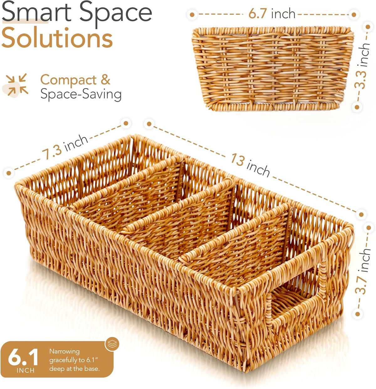 Nature-Inspired Rattan Pantry Organizer Baskets Set of 2 with 3 Removable Dividers – Handwoven Storage Bins for Kitchen or Bathroom Organization, Ideal for Snacks, Coffee & Tea (13” x 7.3” x 3.7”)