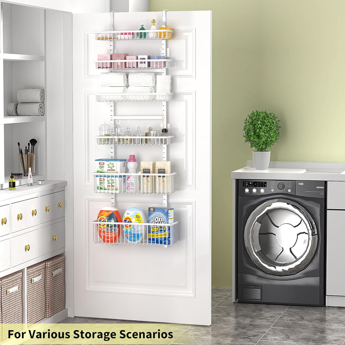 Moforoco White Over The Door Pantry Organizer, Pantry Organization and Storage, Metal Hanging Spice Rack Shelves Door, Seasoning Shelves, Laundry Room Organization, House and Kitchen Essentials