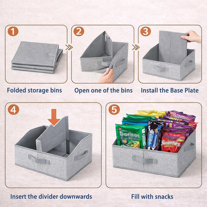 3 Pack Snack Organizer for Countertop, Larger Compartments Hold More, Fabric Snack Organizer Bins with Handles, Sturdy Reinforced Design for Pantry, Cabinet, Living Room & Game Room