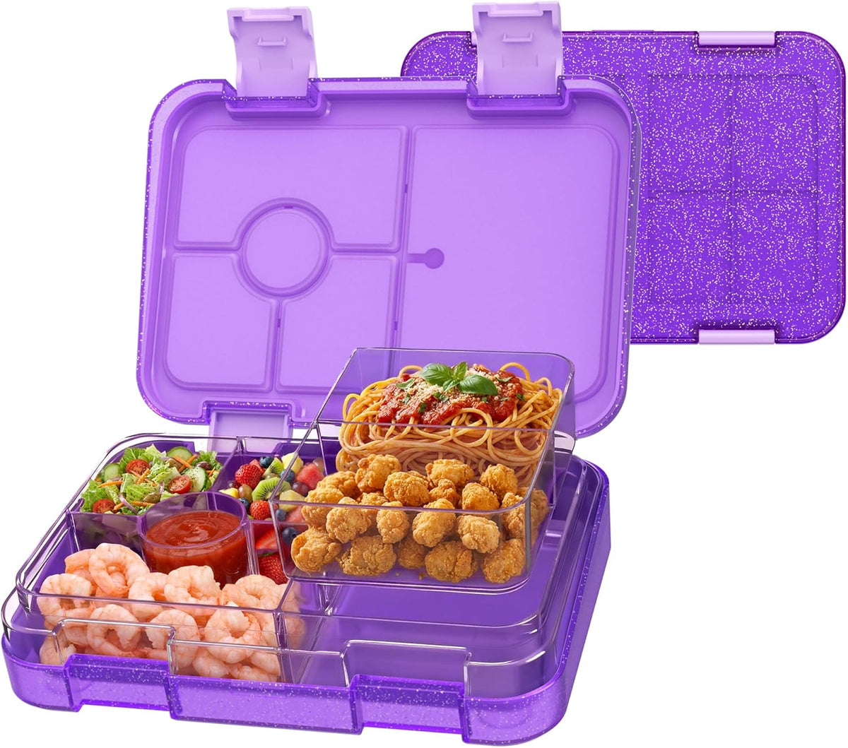 Bento Lunch Box for Kids, 6 Compartments BPA Free, Dishwasher Safe Back to School Snack Bento Lunch Containers Boxes, Ideal Portion Sizes for On-the-Go Meal, Ages 3+, School, Green Patterned