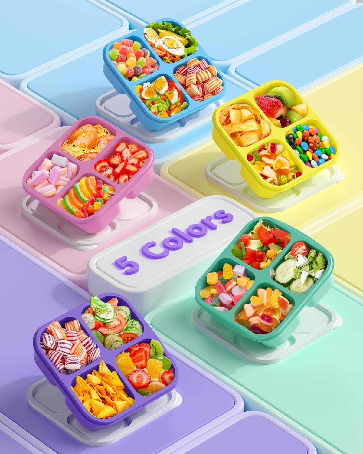 Canfanni 5 Pack Bento Snack Containers, 4 Compartment BPA-free Plastic Food Storage Containers, Divided Lunchable Container, Bento Lunch Box for Work and Travel