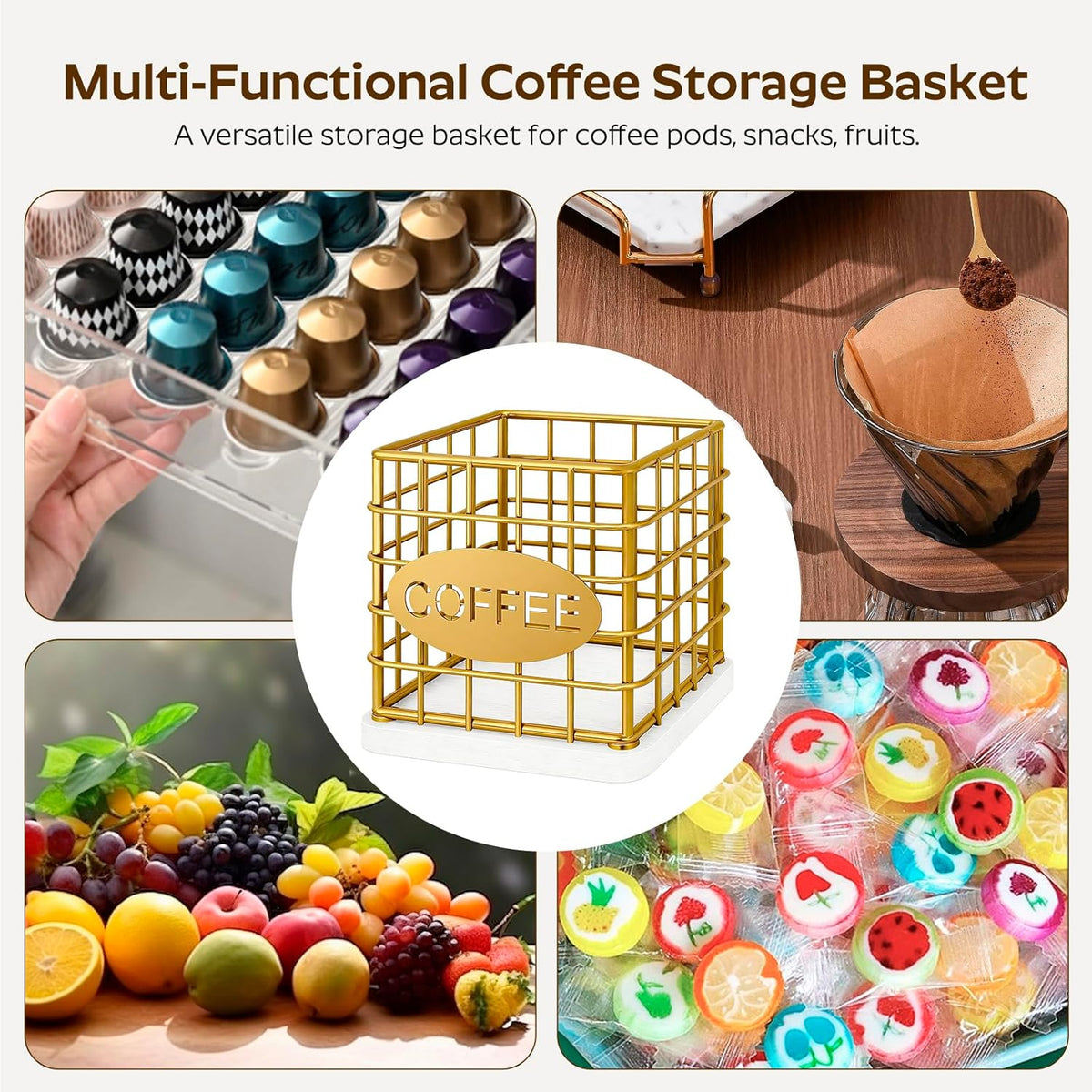 YATINEY Coffee Pod Holder for K Cup, Large Capacity Coffee Pod Organizer, Versatile Coffee Capsule Storage Basket with Wooden Base, White KH10WN