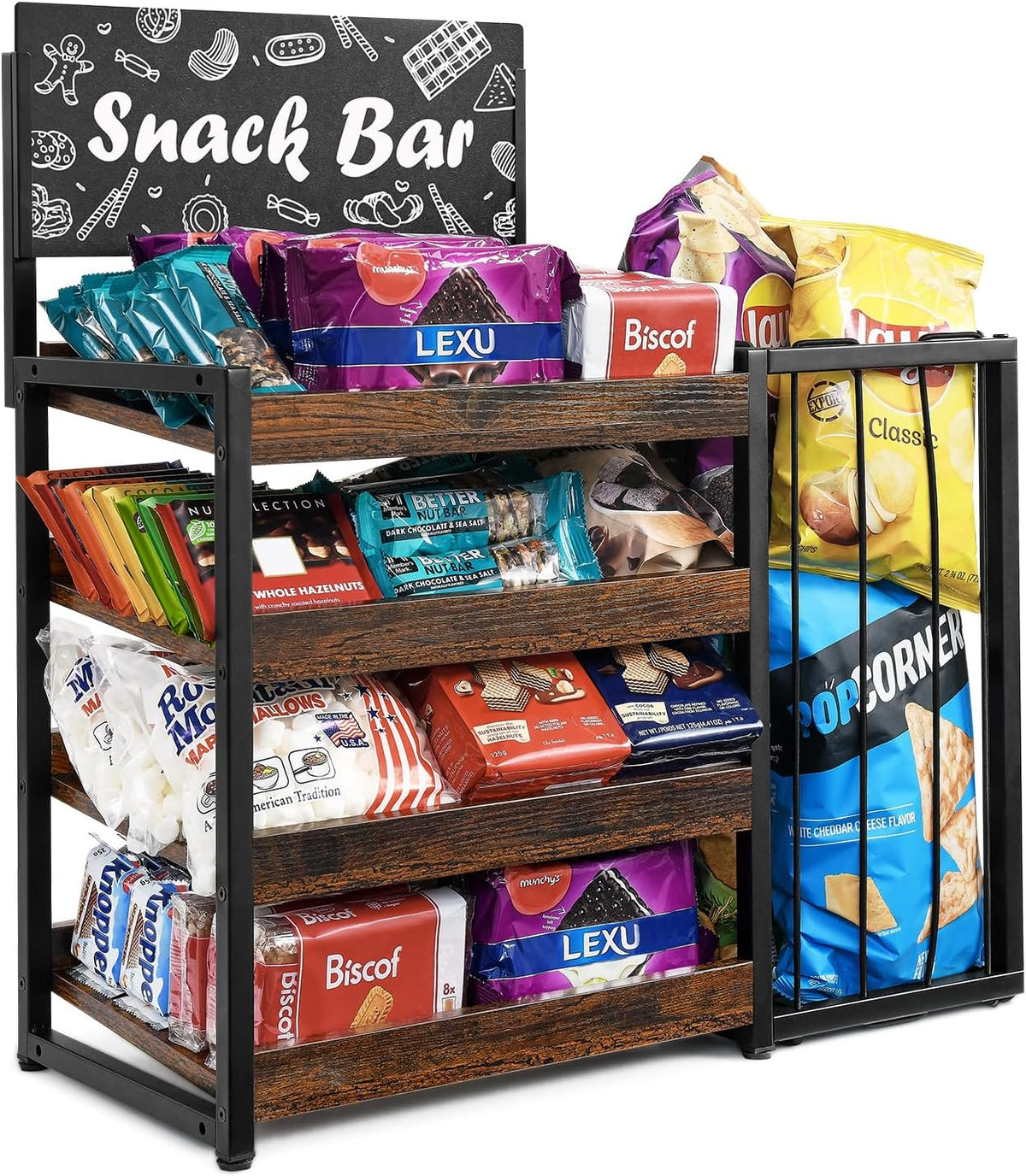Poyilooo Candy Display Rack, 4 Tier Snack Display for Countertop,Wooden Counter Snack Organizer Frame Basket, Potato Chip Display Retail Display Shelf for Office, Store, Counter, Kitchen