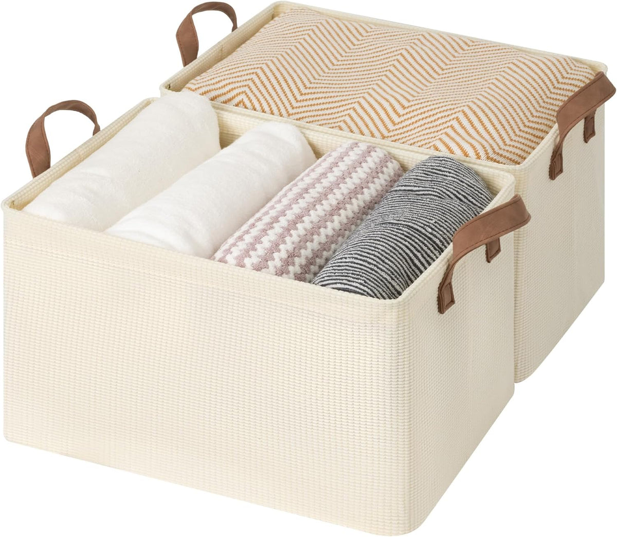 StorageWorks Storage Bins, Shelves Baskets for Organizing, Fabric Closet Organizers with Handles, Metal Frame, Beige-Cotton-linen, 2-Pack