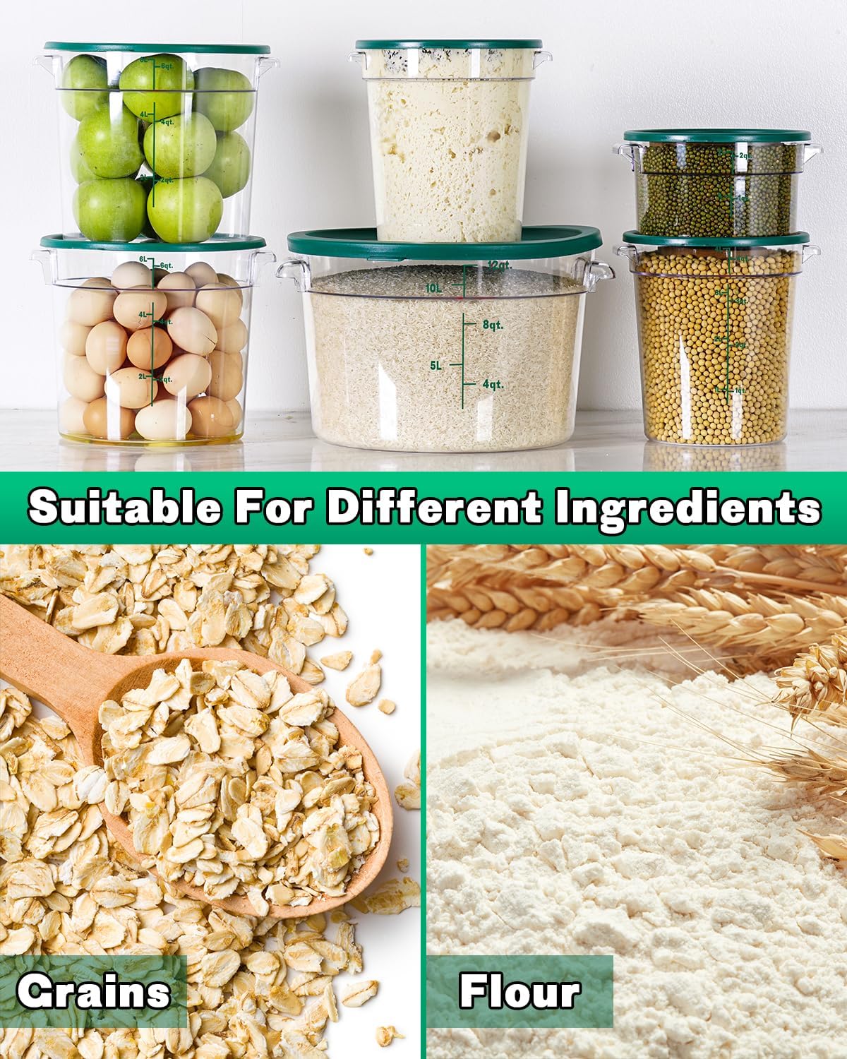 4QT NSF Food Storage Containers: 8 PCS [Food Grade][Hot&Cold Resistant] Commercial Clear Food Storage Containers with Lids for Restaurant Kitchen Proof Dough, Measuring Spoons Included(BPA FREE) - Colors A