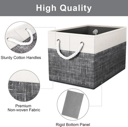 Fab totes Storage Bins, Foldable Storage Baskets for Organizing Toys, Books, Shelves, Closet, Large Storage Box with Rope Handles, Sturdy Organizer Bins, White & Grey