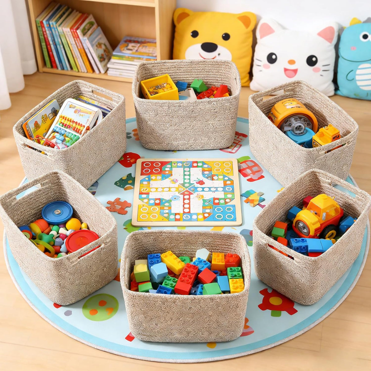 3 Pack Woven Rope Storage Baskets for Shelves,13.5"×11"×9.5" Storage Bins with Handles,Empty Gift Baskets,Nursery Organizer for Toys,Towels,Books,Closet,Living Room,Bedroom (White & Brown)