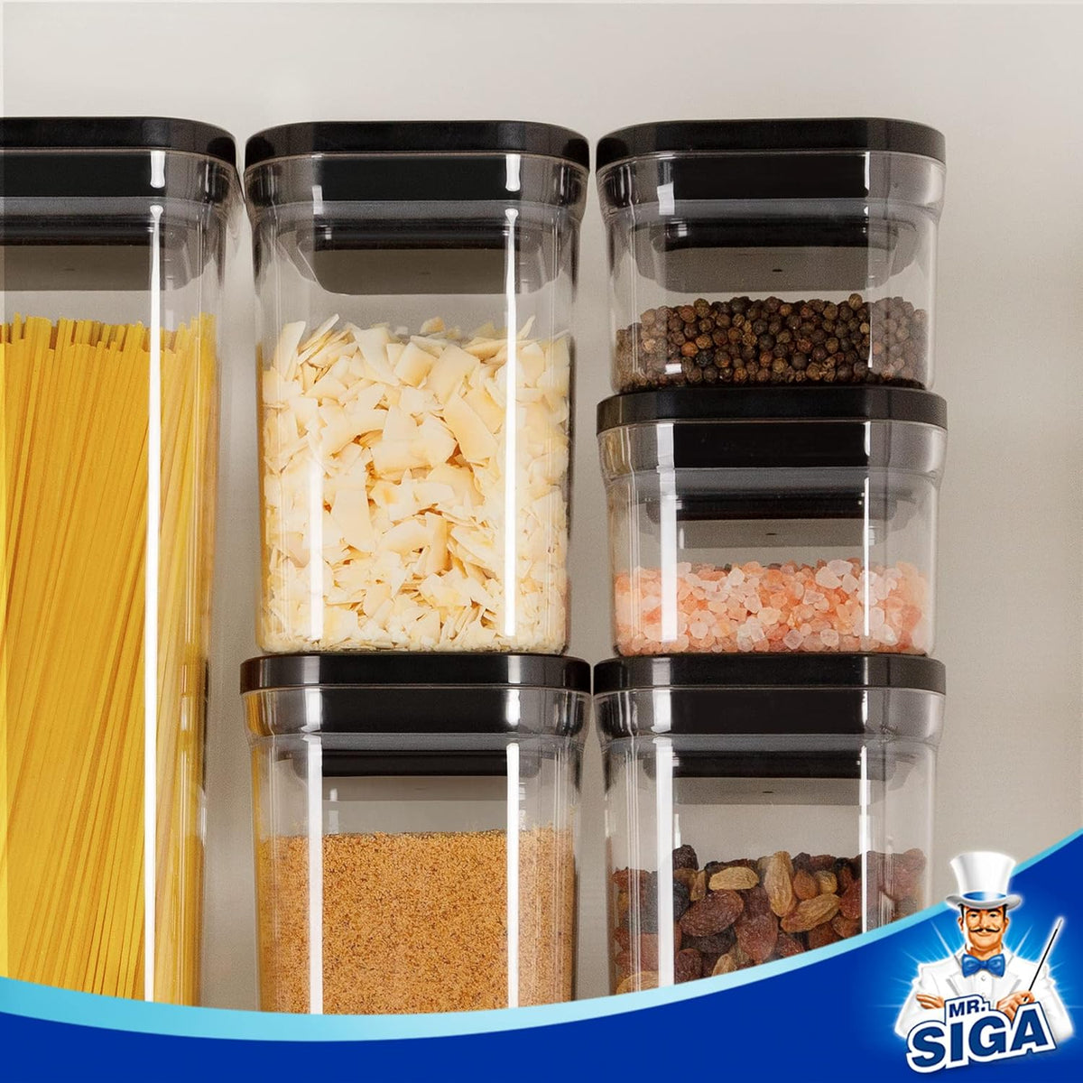 MR.SIGA 6 Piece Airtight Food Storage Container Set, BPA Free Kitchen Pantry Organization Canisters, One-handed Kitchen Storage Containers for Cereal, Spaghetti, Pasta, White