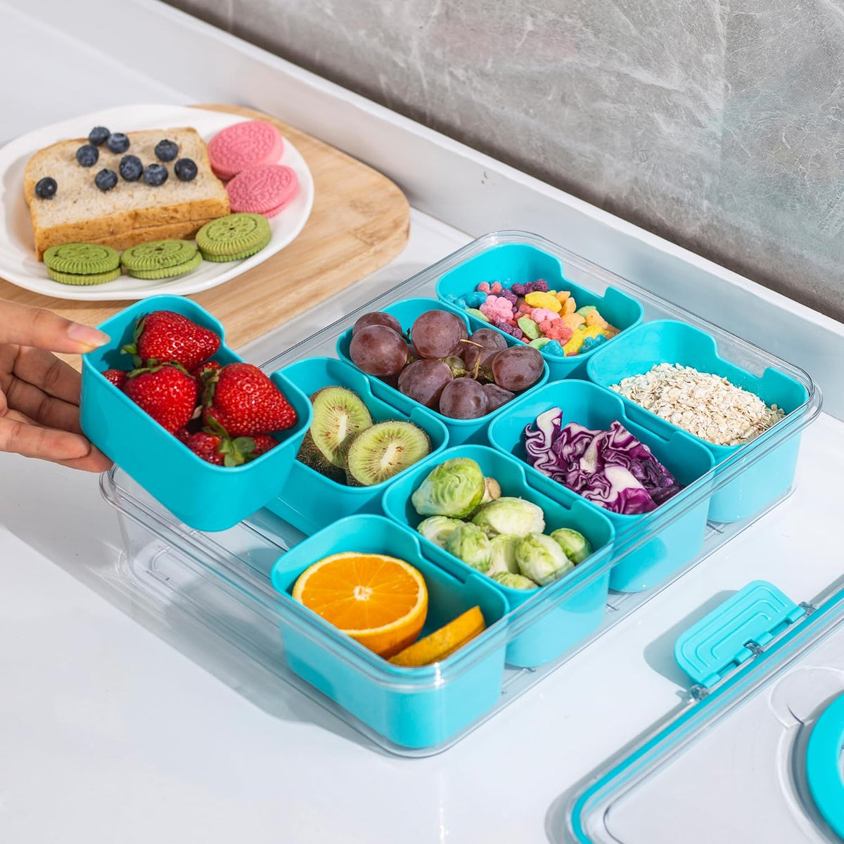 WACOI Divided Snack Serving Tray with Lid and Handle travel Snackle Box Charcuterie Container Portable Storage Organizer for Candy, Fruits, Nuts, Snacks 1Pack White