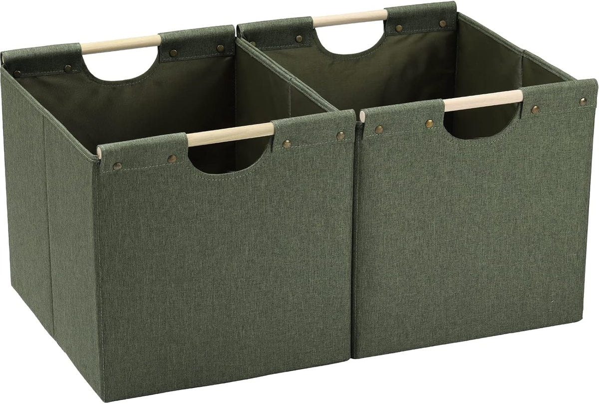 HOONEX Large Collapsible Storage Bins, Linen Fabric, Pack of 2, Storage Baskets with Wooden Carry Handles and Sturdy Heavy Cardboard, for Home, Office, Car, Nursery, Black