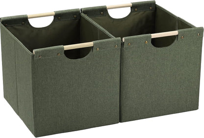 HOONEX Large Collapsible Storage Bins, Linen Fabric, Pack of 2, Storage Baskets with Wooden Carry Handles and Sturdy Heavy Cardboard, for Home, Office, Car, Nursery, Black