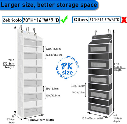 Over the Door Organizer Storage 6 Tier, 12 Large Capacity Side Pockets, Heavy Duty Metal Reinforced Hook Anti Tilt 75 LB Load Behind Door Storage for Bedroom Bathroom Pantry Nursery