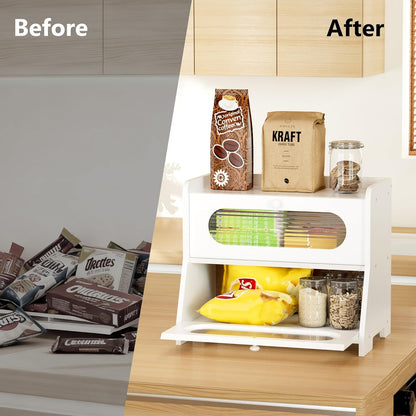 Bread Box,Extra Large 2-Tier Bamboo Bread Box for Kitchen Countertop,Bread Storage Container with Magnetic Acrylic Door for Homemade Bread,Under Cabinet,Pantry Organizer(Natural)