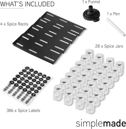 SIMPLEMADE-Spice Drawer Organizer, Spice Rack Drawer for Kitchen, 4 Tier Black Drawer Spice Organizer with 28 Jars and labels with a pen, Silicone Funnel, 13" by 17.5"