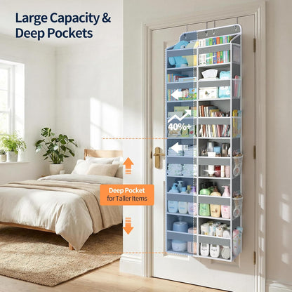 Yecaye Over The Door Organizer, 5 Tier Extra Large Behind Door Storage of 10 Compartments, 80lbs Heavy Duty Door Organizer Hanging with Clear Window for Closet Bedroom Pantry Bathroom, Grey
