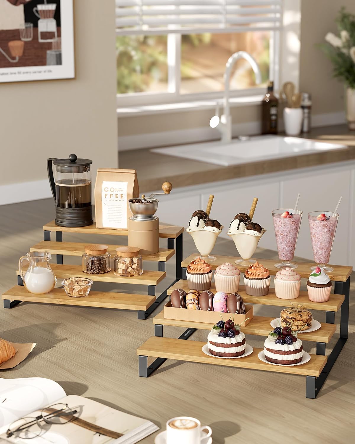 SONGMICS Display Risers, Set of 2 Engineered Wood Perfume Organizer Stand, 4-Tier Cupcake Stand Holder, Spice Rack, Shelf Risers for Figures, Dessert Shelves, Natural Beige and Cloud White UKCS216N02