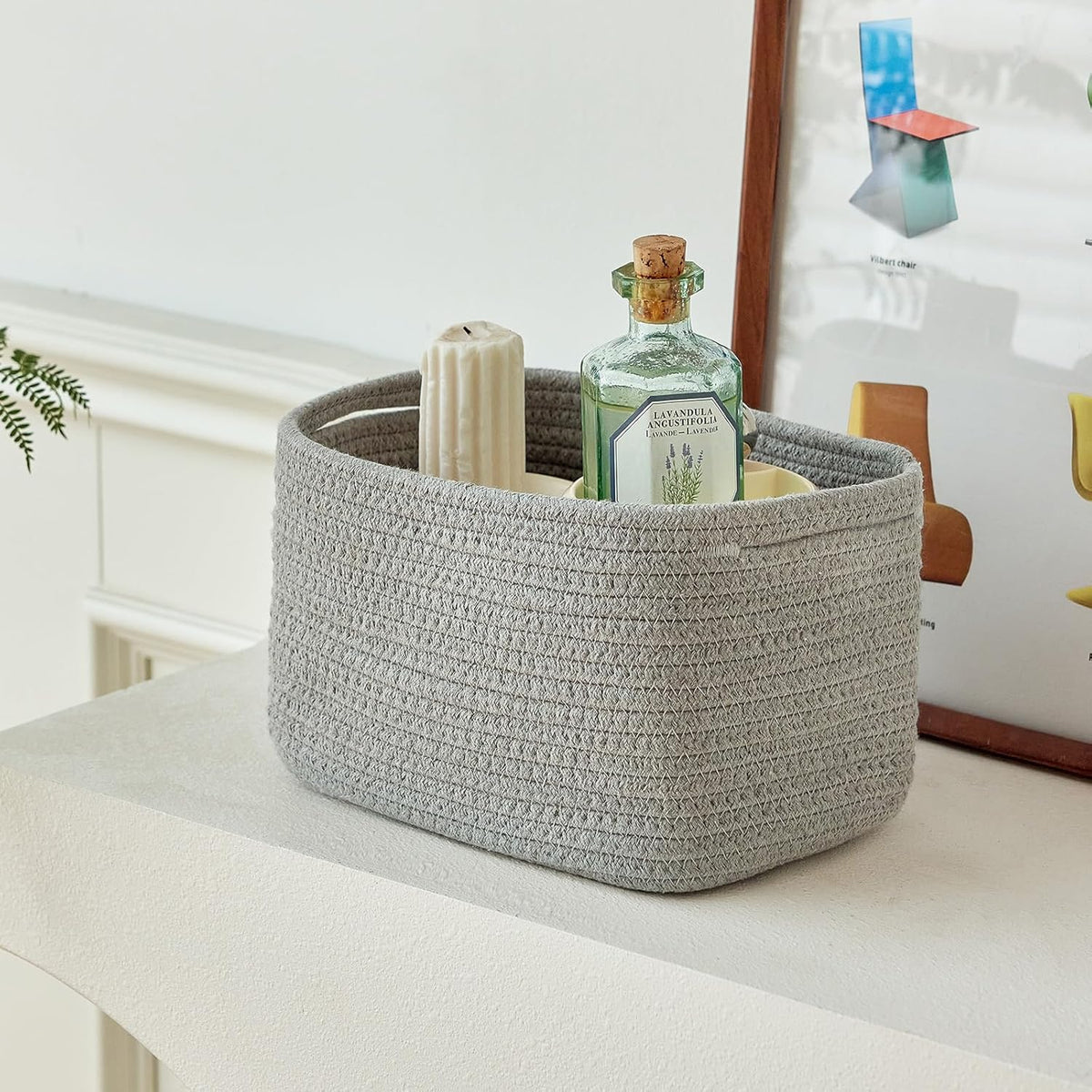 R RUNKA Small Cotton Rope Basket – Storage Bin for Organizing (10.6" x 6.7" x 6.7"), Bathroom Storage Basket for Shelf, Counter & Closet（Beige）