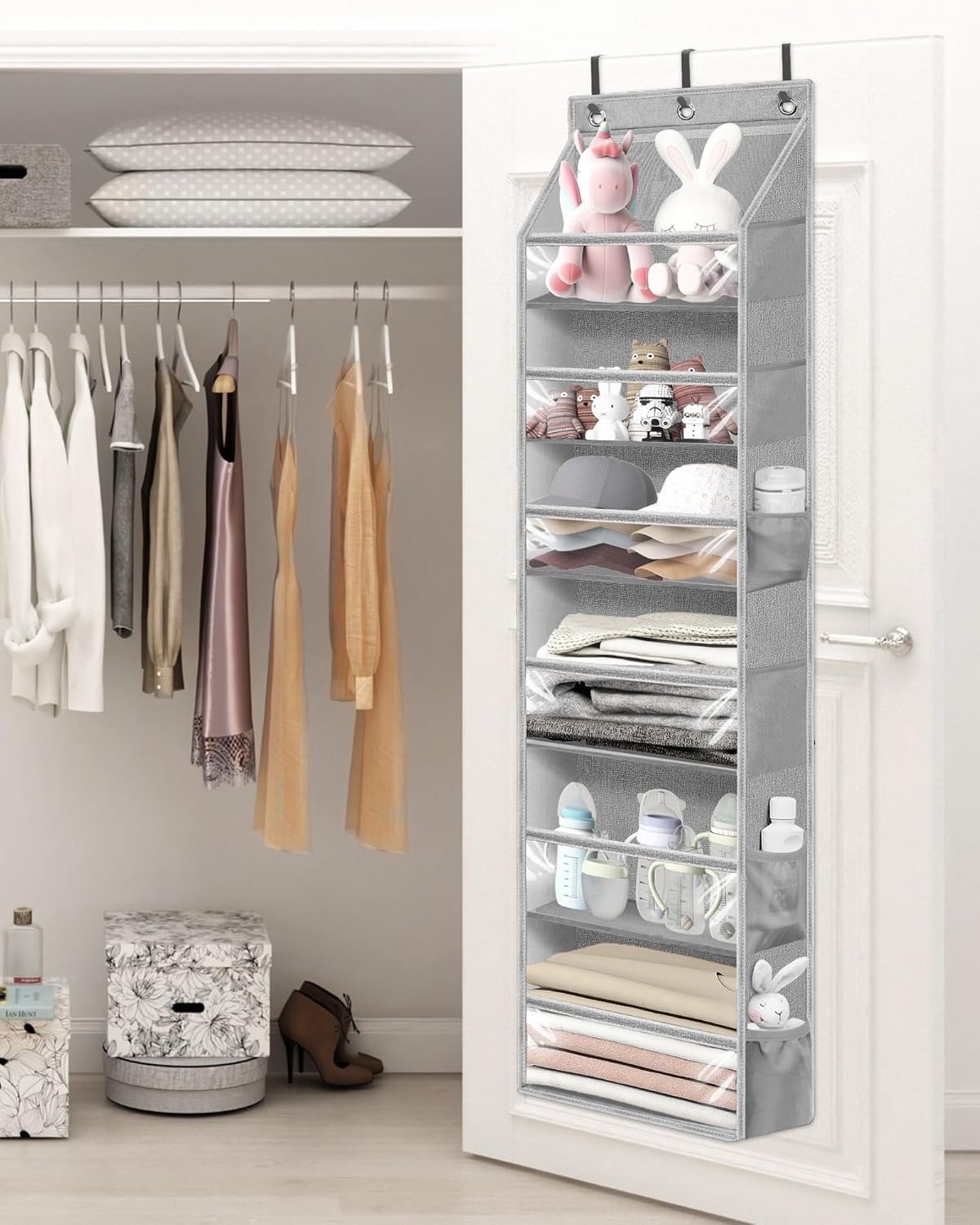 STORAGE MANIAC Over the Door Organizer Large Capacity Hanging Organizer, Clear Deep Pockets Behind Door Closet Organizer and Storage for Nursery, Bathroom, Bedroom, Pantry, 1 Pack Grey
