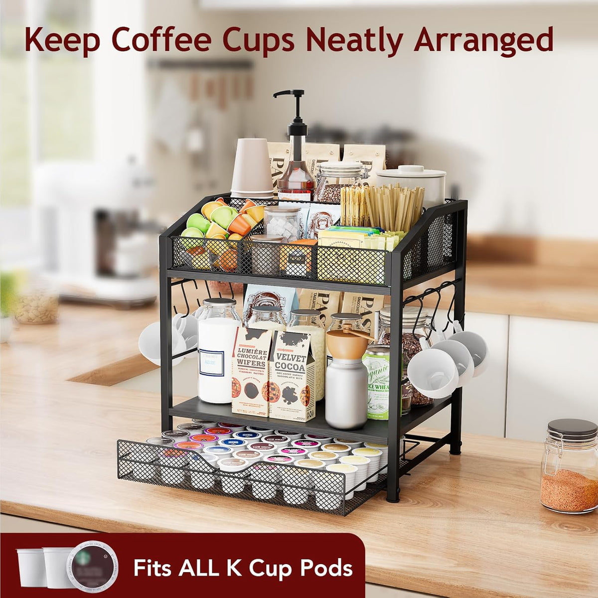 Homsorout Coffee Bar Organizer - Countertop Coffee Station, 42 K Cup holder Storage Basket with Drawer and Hooks for Syrup, Cups, Stirrer, Condiment, Tea Organizer, Black and Brown