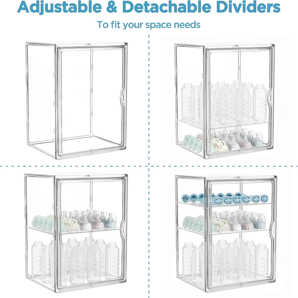 HBlife Baby Bottle Storage Organizer for Countertop Cabinet, 3 Tiers Adjustable Clear Acrylic Bottles Storage Station Case Box Container with 2 Removable Dividers and Magnetic Door, Large