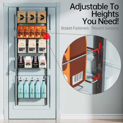 Delamu Adjustable Cabinet Door Organizer, 6-Tier Hanging Spice Rack Organizer, Metal Over the Door Pantry Organizer, Pantry Organizers and Storage Shelves for Kitchen Bathroom Laundry Room, White M