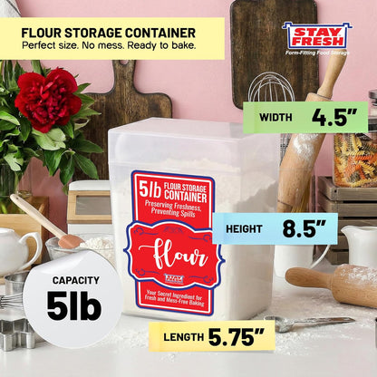 Stay Fresh Clear Storage Container - BPA Free Plastic Canister for Kitchen Pantry, Baking Needs - Holds 5LB Bag - Large Form-Fitting Food Keeper Bin - Food Holder (Flour)