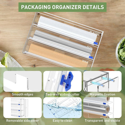 Kitchen Wrap Organizer, Foil and Plastic Wrap Organizer 3 in 1 with Sliding Cutter, Acrylic Wrap Dispenser for Drawer or Wall Mount, Fits 12 Inch Rolls