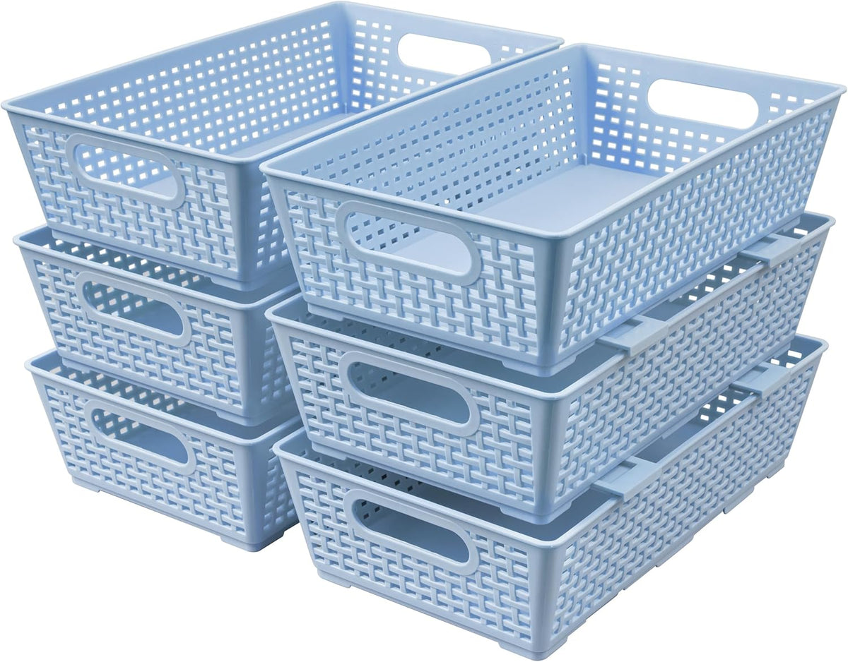 Tiawudi Stackable Woven Plastic Basket, Storage Bins for Cabinet, Closet, Shelf, Under Sink and Countertop, Pantry Organizer Bins, 6 Pack