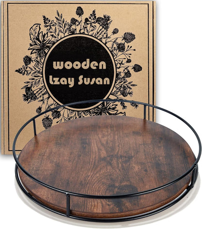 9" Acacia Wood Lazy Susan Turntable, Tomoaza Kitchen Organizer Turntable with Steel Sides, 360 Degree Lazy Susan for Countertop Cabinet or Dining Table