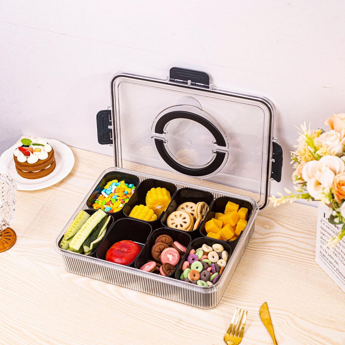 Patent Design Ribbed Snackle Box Container Snack Container Divided Serving Tray with Lid and Handle, 8 Divider Portable Snacklebox for Travel Beach for Charcuterie Veggie Fruit Candy,1 Pack