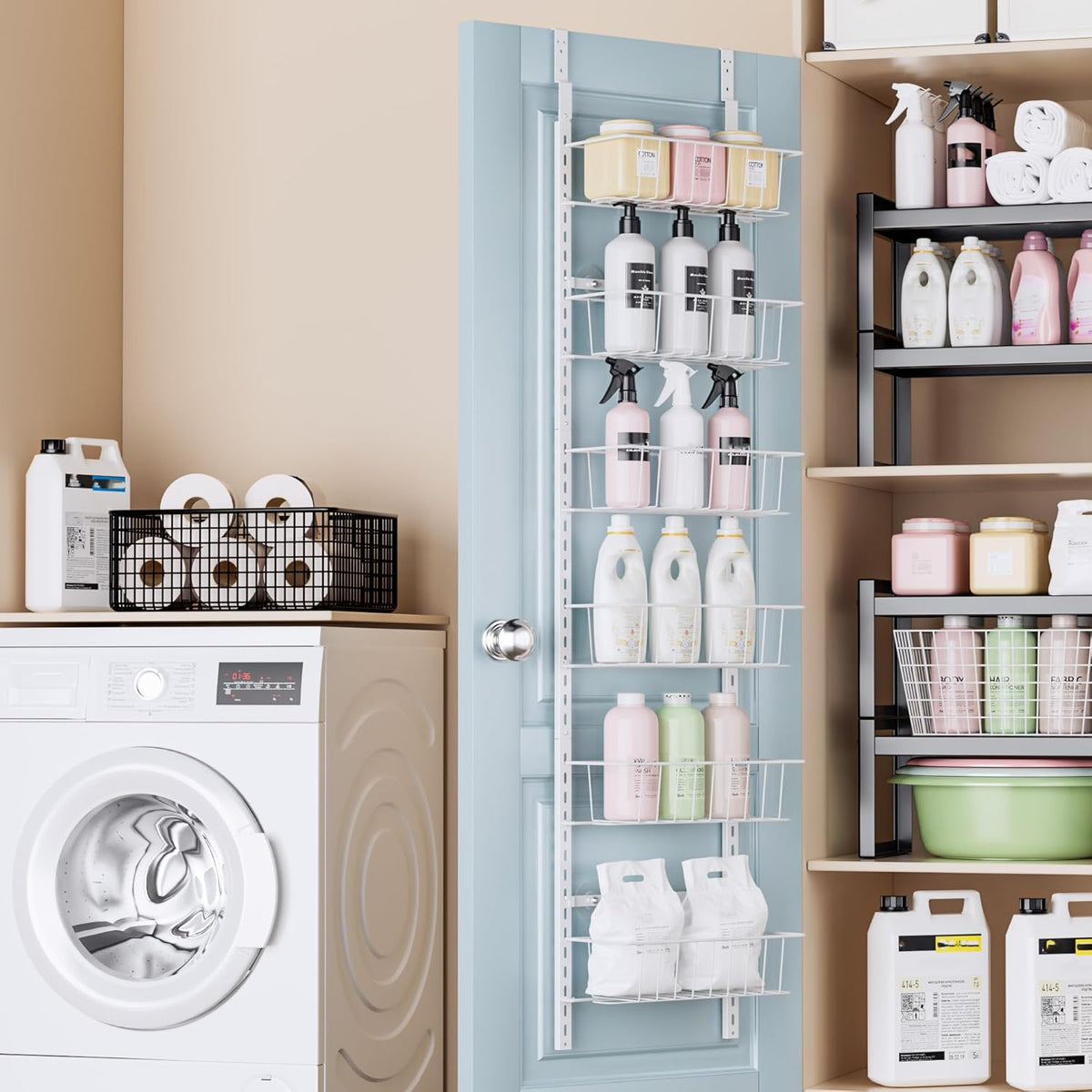 Delamu Adjustable Cabinet Door Organizer, 6-Tier Hanging Spice Rack Organizer, Metal Over the Door Pantry Organizer, Pantry Organizers and Storage Shelves for Kitchen Bathroom Laundry Room, White M