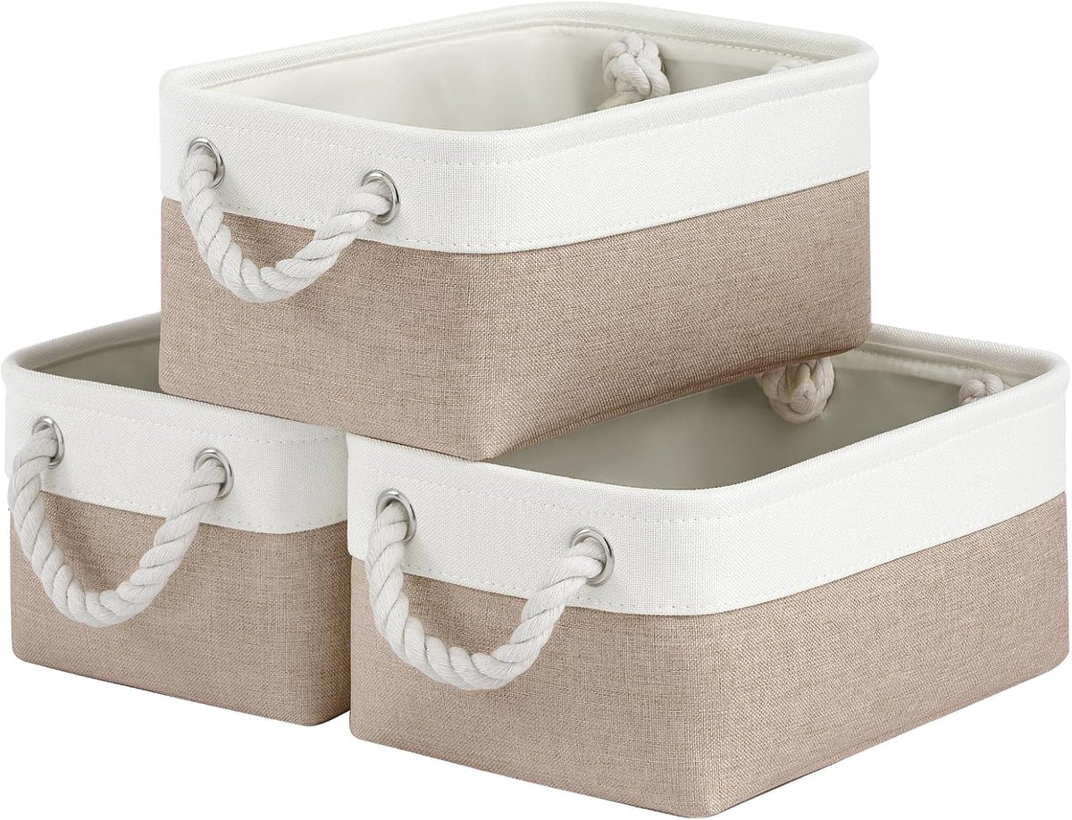 Large Storage Baskets- 15.7x11.8x8.26 inch Storage Bins for Shelves and Closet Organizing, Foldable Fabric Bin for Home Organization Clothes and Laundry (3-Pack, White&Khaki)