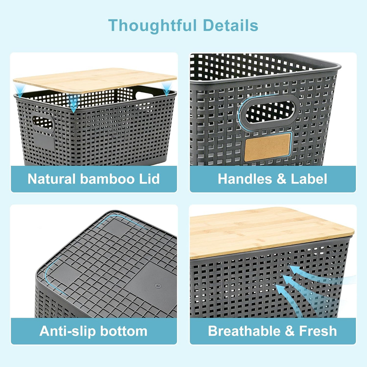 Bagnizer Small Plastic Storage Bins with Bamboo Lids 5.2qt Stackable Box Basket Pantry Decorative Containers Cute with Labels for Organizing Desktop Closet Office Cream White of 10*7.2*4.1"