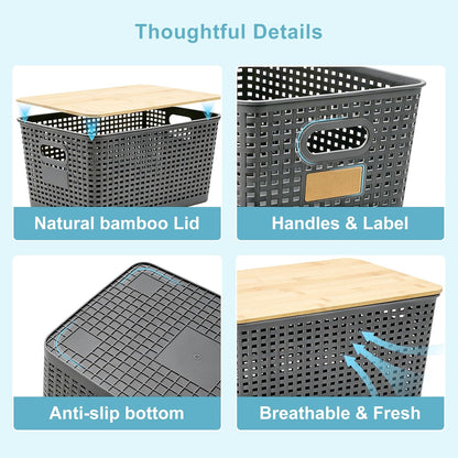 Bagnizer Small Plastic Storage Bins with Bamboo Lids 5.2qt Stackable Box Basket Pantry Decorative Containers Cute with Labels for Organizing Desktop Closet Office Cream White of 10*7.2*4.1"