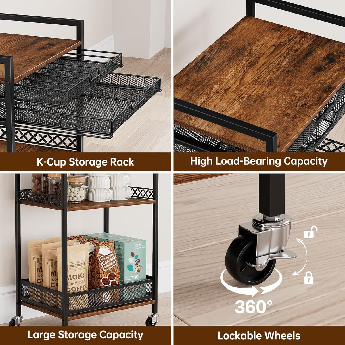 Plaviya K Cup Holder Coffee Cart, 5 Tier Coffee Station Organizer with Wheels, Coffee Pod Holder Coffee Bar Organizer Accessories, Multi-Functional Cart for Living Room, Kitchen, Breakfast Nook
